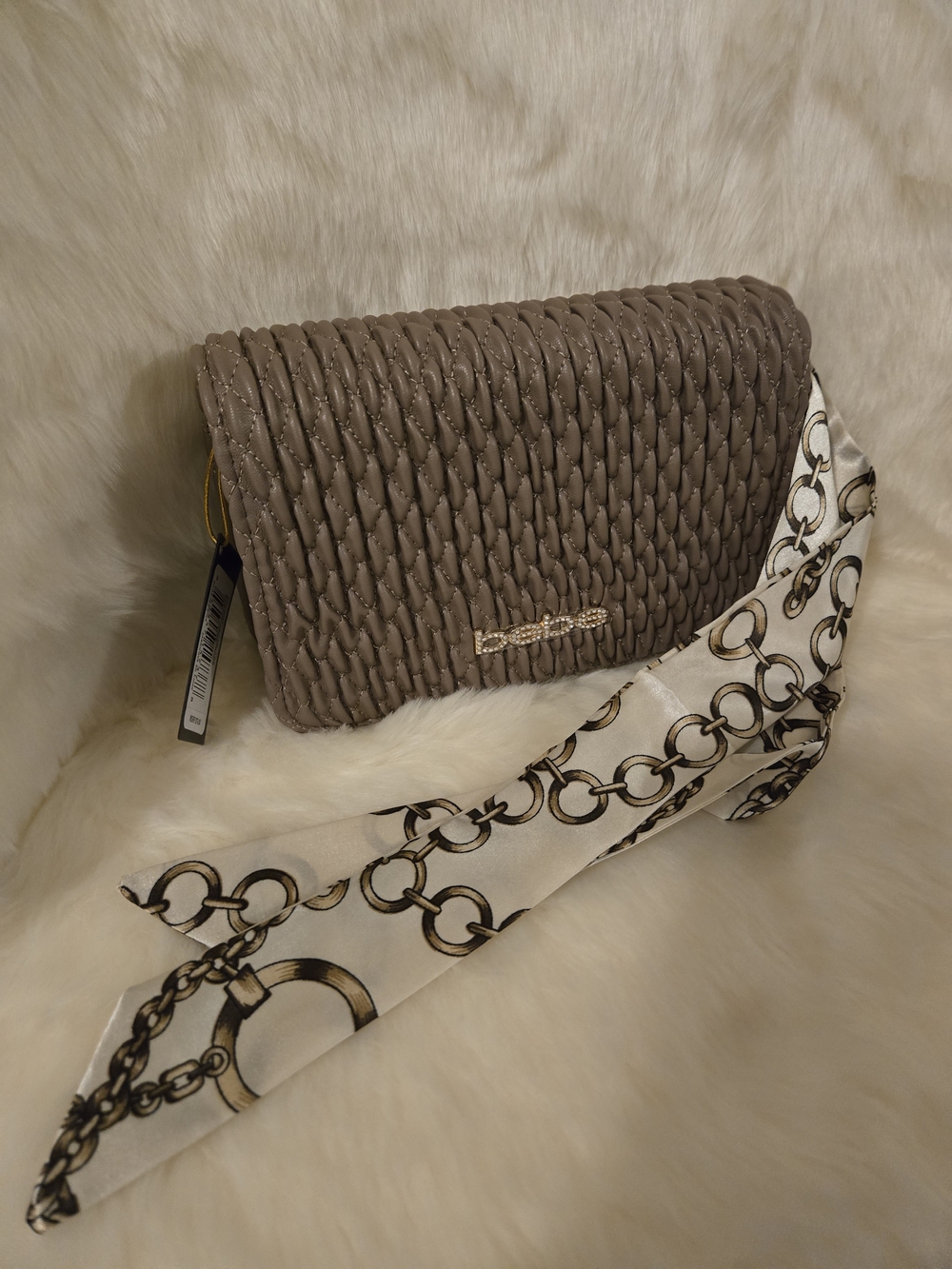 Bebe Woven Flap Crossbody Bag with Chain-Print Scarf - Taupe